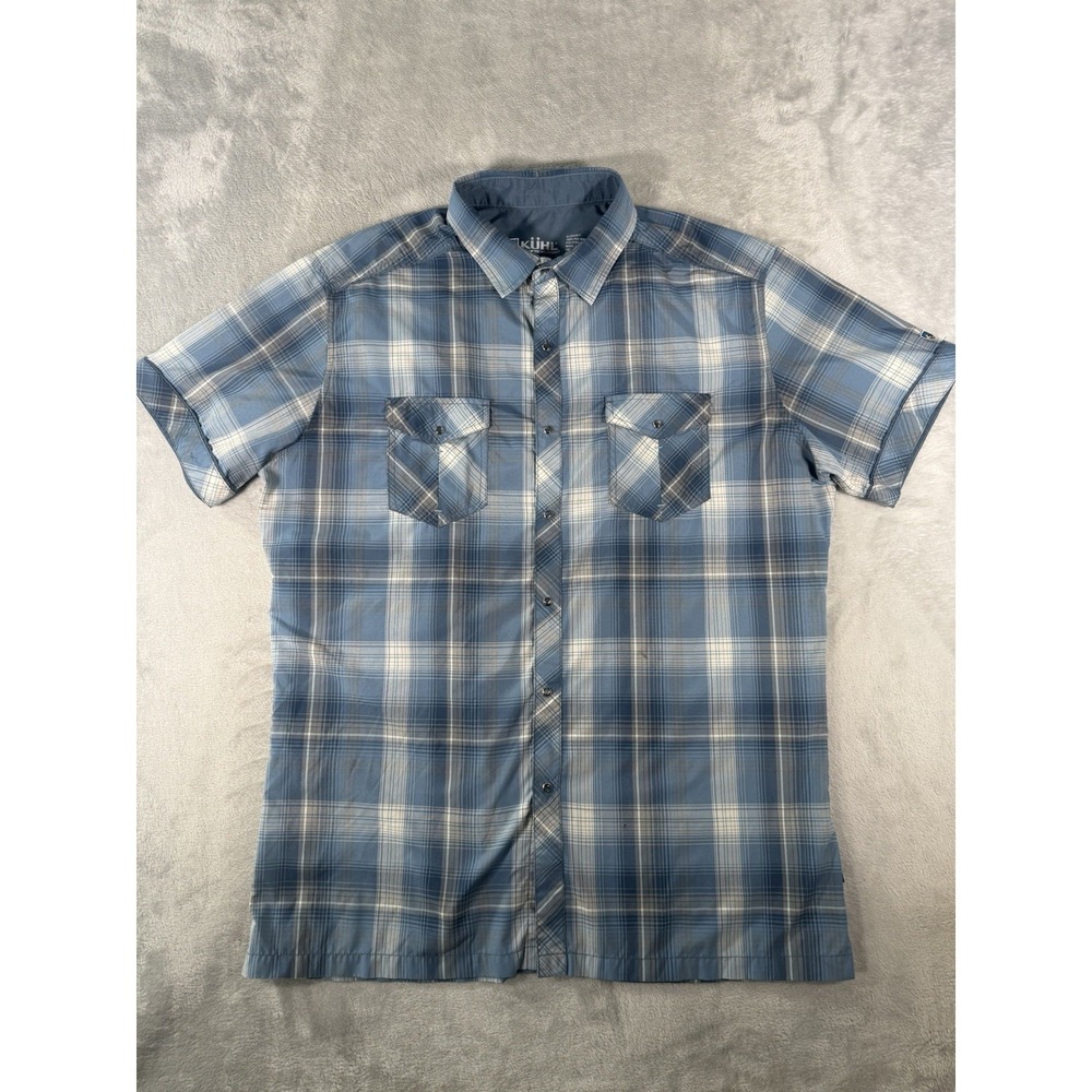 Kuhl Shirt Mens Large Blue Plaid Konquer Short Sleeve Western Pearl Snap 7152